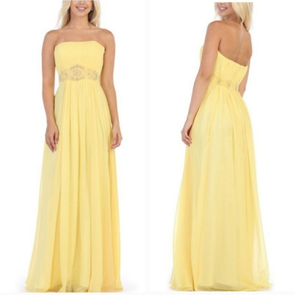 May Queen Yellow Strapless Prom Gown